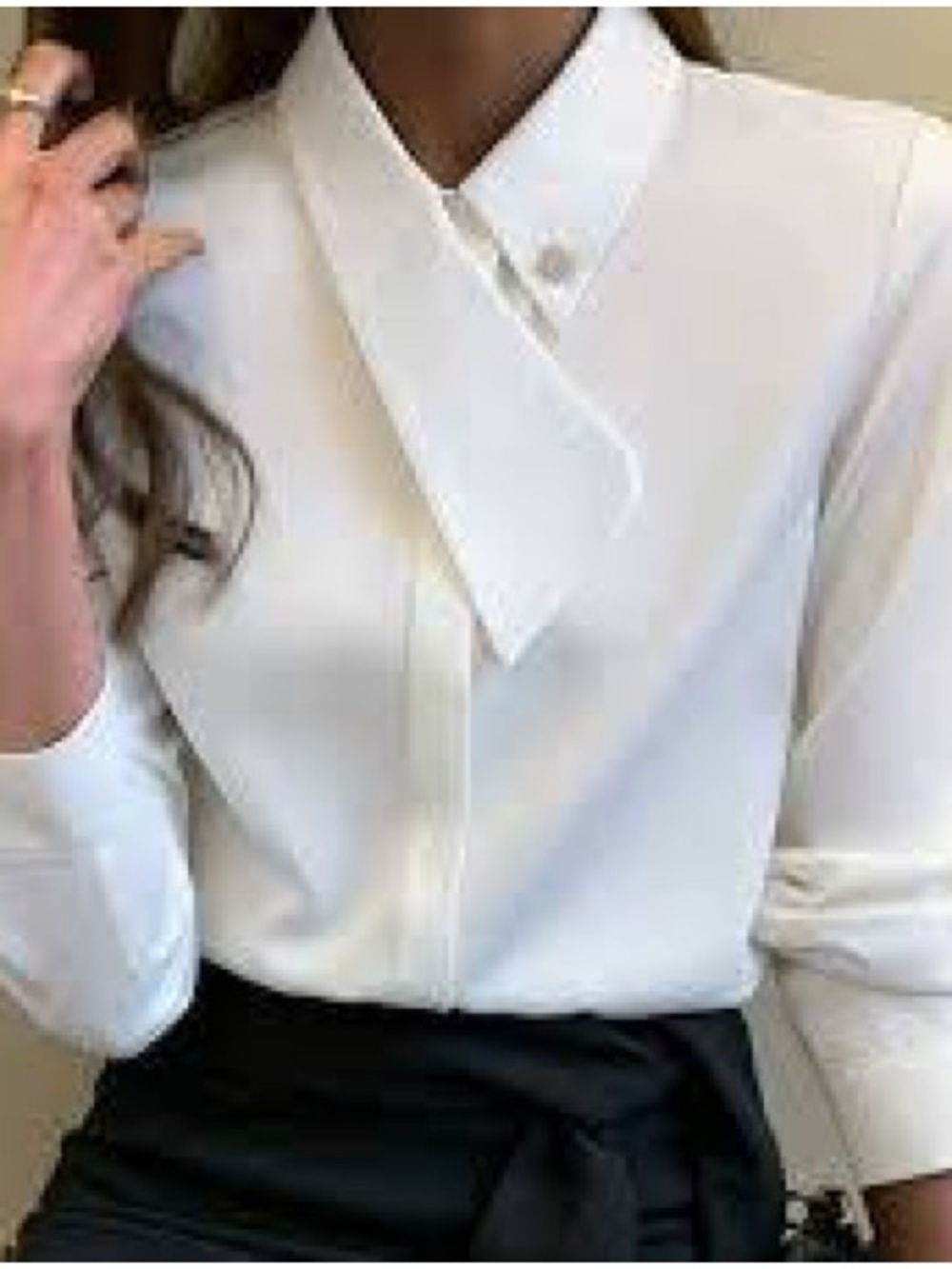 Temu White Asymmetrical Large Pointed Collar Blouse Long Sleeve Button Up Shirt